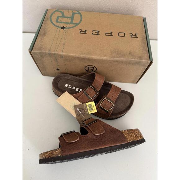 Roper Delilah Tan Tumbled Leather Sandals Women’s Size 6 Cork Slide Western NIB - Picture 1 of 8